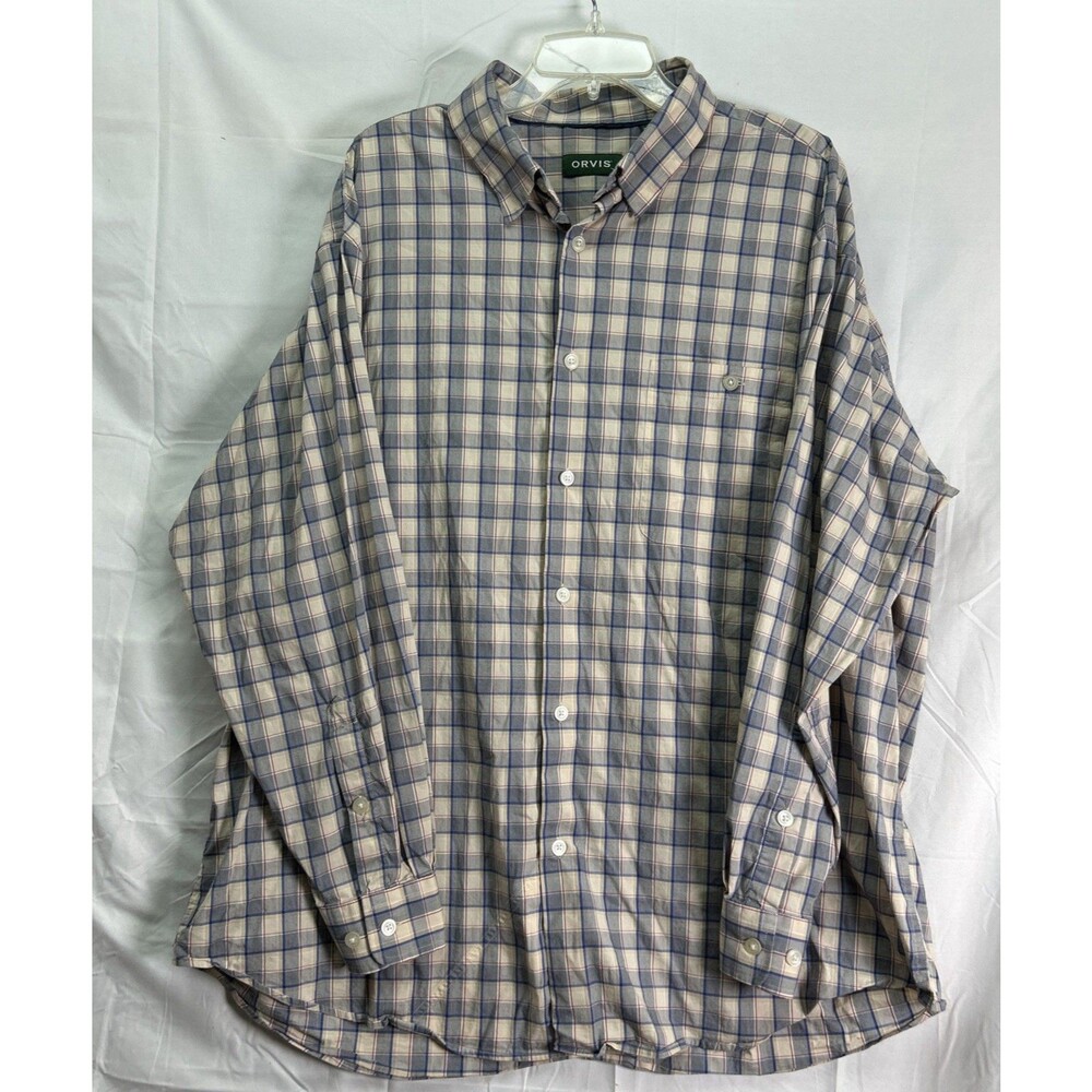 Orvis Mens XXL Plaid Stretch Long Sleeve Button Down Shirt Blue Tan